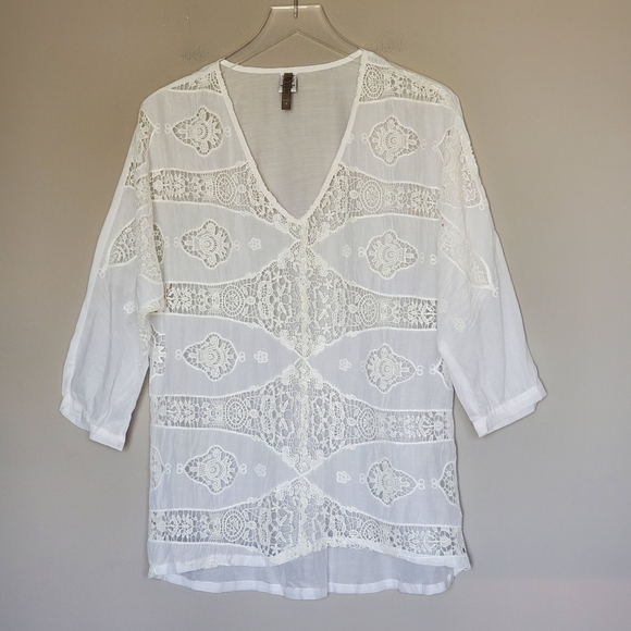 XCVI Women's Boho White Embroidered Lace Sheer Silk Blend Tunic Coverup Top M - Picture 7 of 7